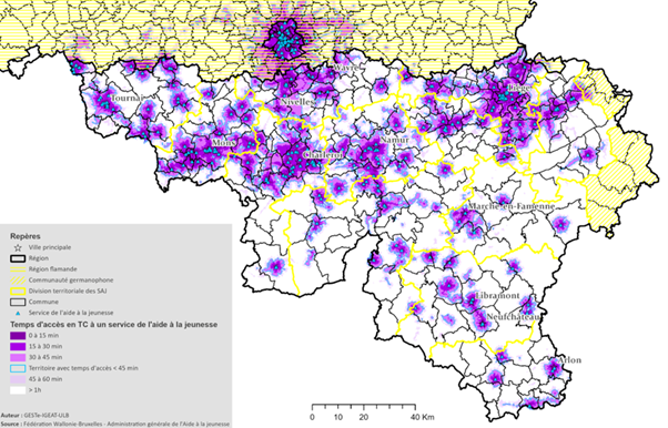 Carte d'accessibilité (à 10h le mardi 3 juin) aux centres d'aide à la jeunesse via les transports en commun (et/ou la marche).